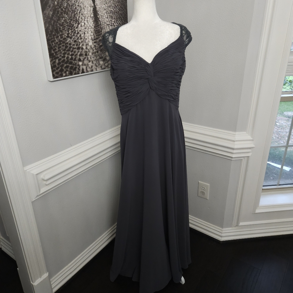 Mori Lee Charcoal Gray Ruched Lace Cap-Sleeve Maxi Gown